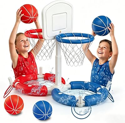 Dual Pool Basketball Hoop with Backboard for Boys Girls 2-in-1 Floating Pool Toys Ring Game 4 Balls 8 Rings & Pump Outdoor Swimming Pool Basketball Games Water Play Summer Toy for Adults and Family
