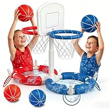 Dual Pool Basketball Hoop with Backboard for Boys Girls 2-in-1 Floating Pool Toys Ring Game 4 Balls 8 Rings & Pump Outdoor Swimming Pool Basketball Games Water Play Summer Toy for Adults and Family