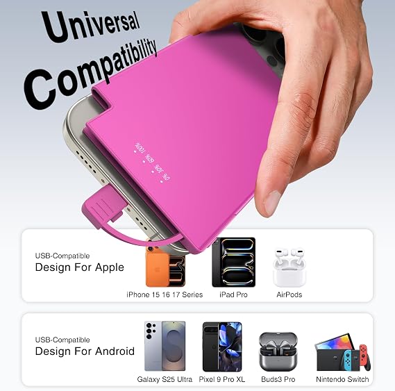 TNTOR Portable Charger with Built in USB-C Cable Ultra Slim Credit Card Size Power Bank for Pocket Wallet Battery Pack Compatible with iPhone 15 16 17 Series/Samsung/Google/Android etc
