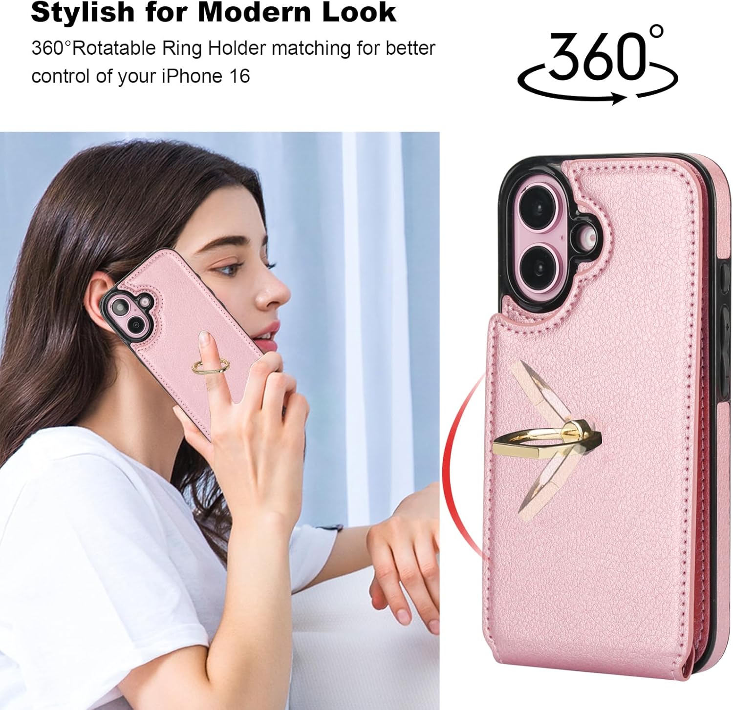 Folosu Compatible with iPhone 16 Case Wallet with Card Holder, 360°Rotation Finger Ring Holder Kickstand, RFID Blocking Leather Protective Double Buttons Shockproof Cover 6.1 Inch Rose Gold - Image 3