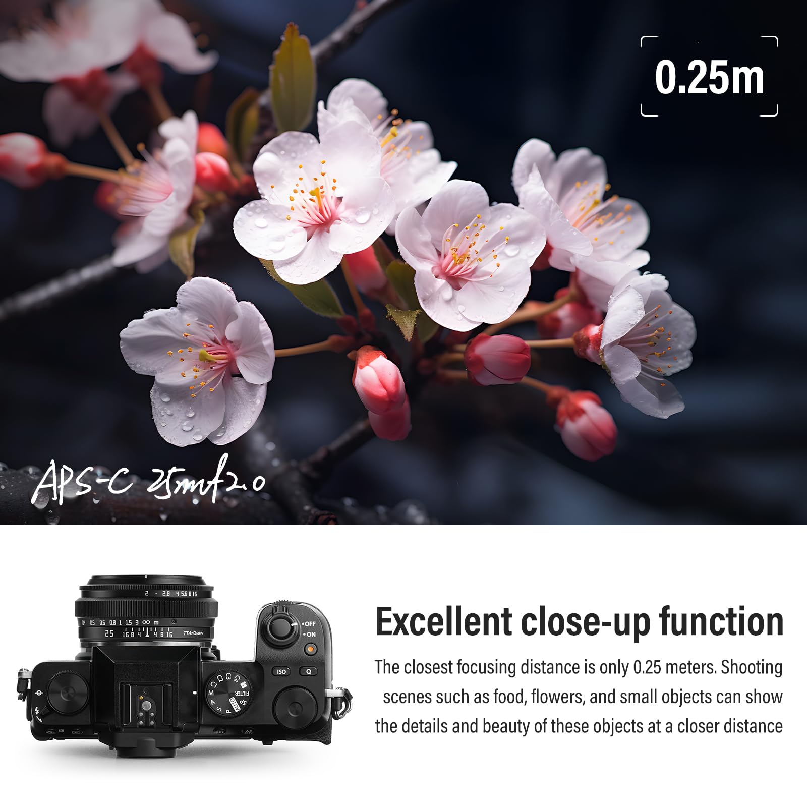 TTARTISAN 25mm F2 Objectif Camera Lens pour Monture Fuji X APS-C Objectif Pancake Métallique Portable Manuel pour Monture Fujifilm XF X-T5 X-H2S X-S20 X-T30 II X-E4 X-S10 X-H2 X-H1