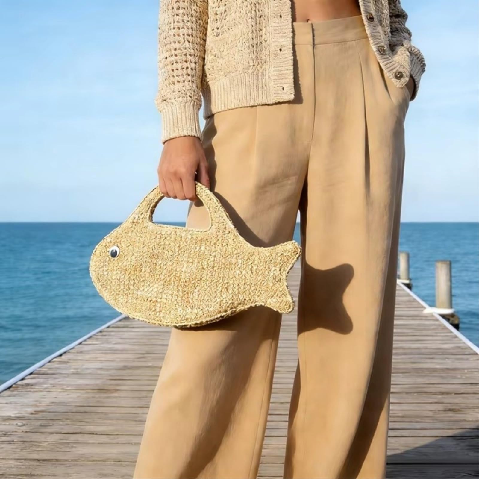 Borsa Spalla Paglia Tessuta di Grande capacità Divertente Carina A Maglia Forma Pesce Leggera Ecologica Quotidiana-Khaki