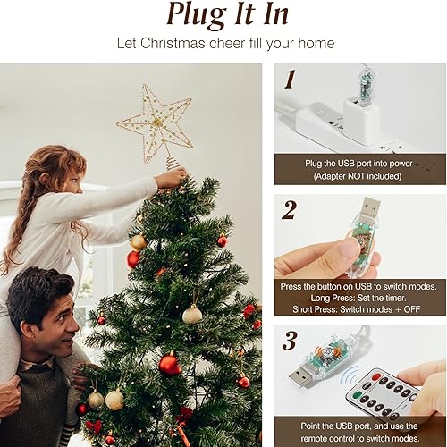 Miniatura 5 de Lewondr Decoración para árbol de Navidad, con control remoto por USB, 11.8 pulgadas, con luces y cuentas, temporizador de 6 horas, decoración de