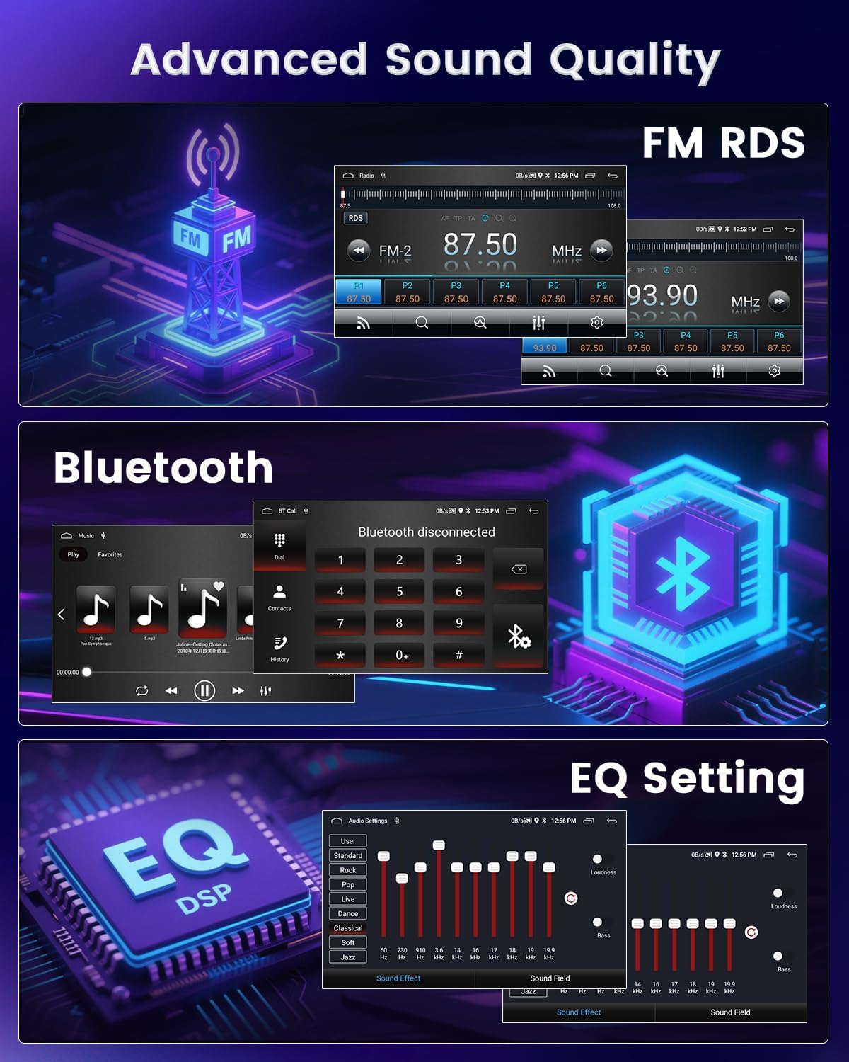 Screenshot of the car stereo's FM RDS interface, showing radio frequency and preset buttons.
