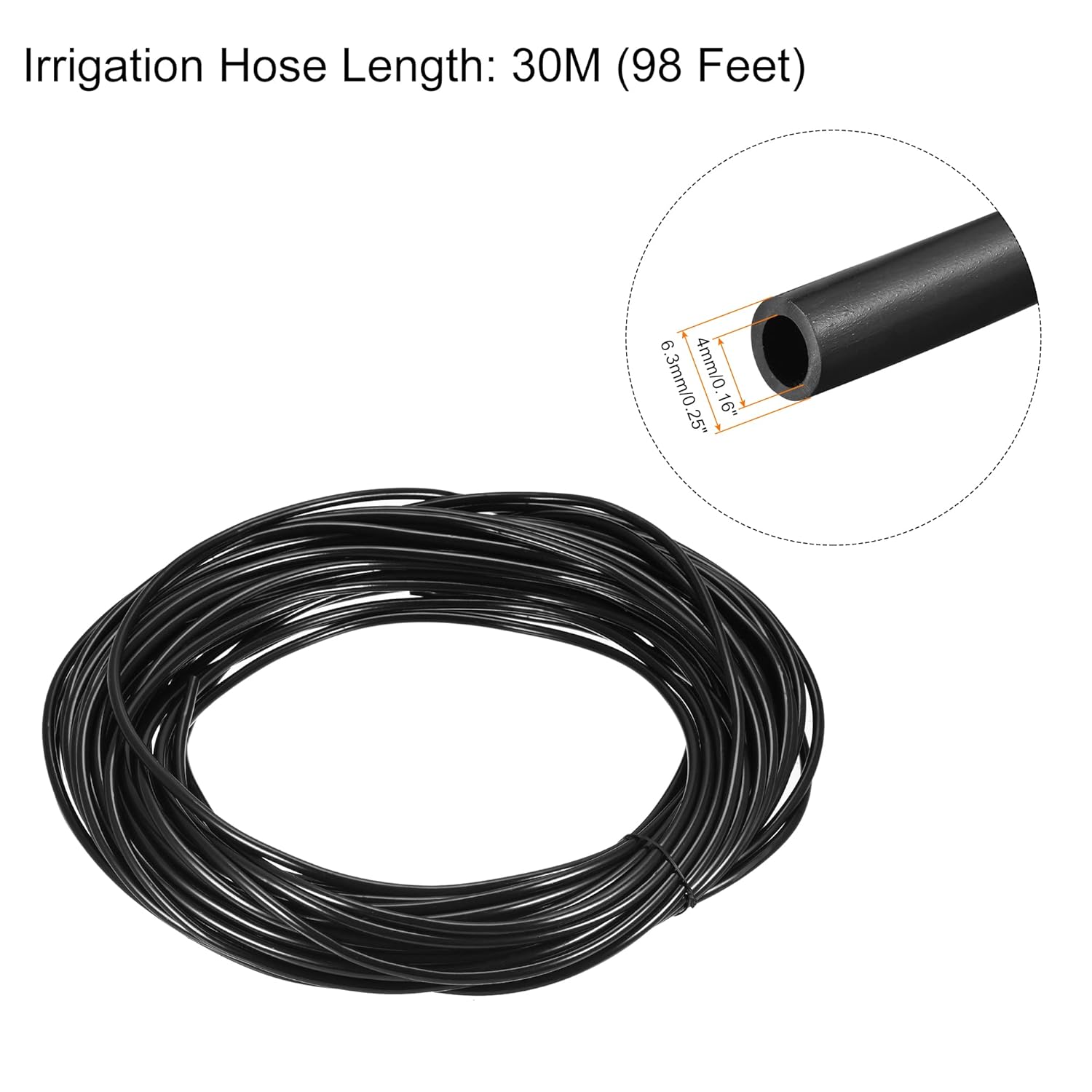 MECCANIXITY Drip Irrigation Kit Tubing Hose 4mm Inner Dia 30 Meters Long with Irrigation Parts (Black, 5 Tee Barbs 15 Straight Barbs)