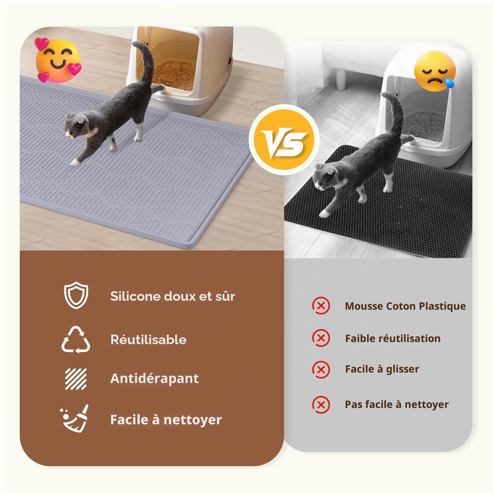 Silicone Tapis Litiere Chat avec Baguette pour Chatons, 96x63CM Tapis Sortie de Litiere Chat, Doux pour Les Pattes des Chatons, Facile à Nettoyer (Gris Clair)