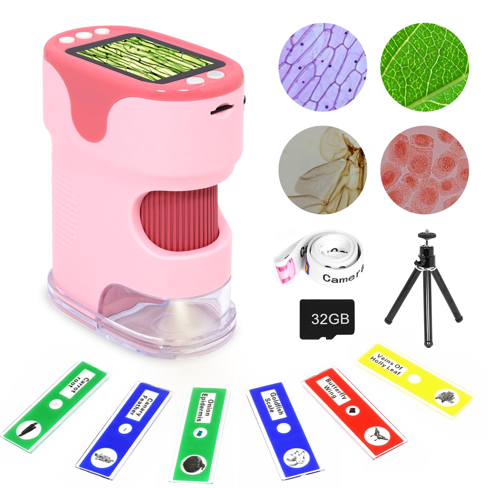 Handheld Digital Microscope for Kids with 2'' HD Screen, 200~1000X Pocket Microscope, Starter Kit with 6 Random Specimen Slides and 32G SD Card