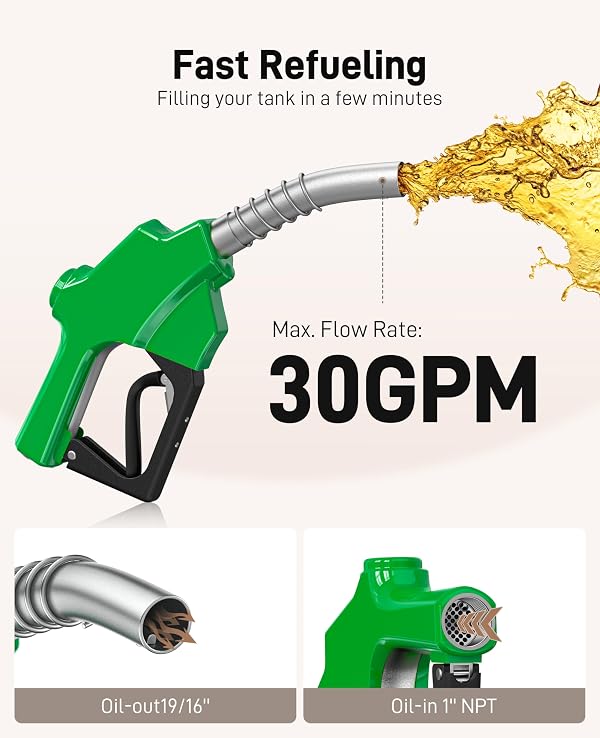 1"NPT Green Automatic Shut-Off Fuel Nozzle, Diesel Gas Pump Nozzles Max Flow Rate 30 GPM, 19/16" (OD=30mm) Spout Car Fuel Filling Transfer Nozzle Used for Diesel Petrol Gasoline Kerosene by sowhat - Image 3