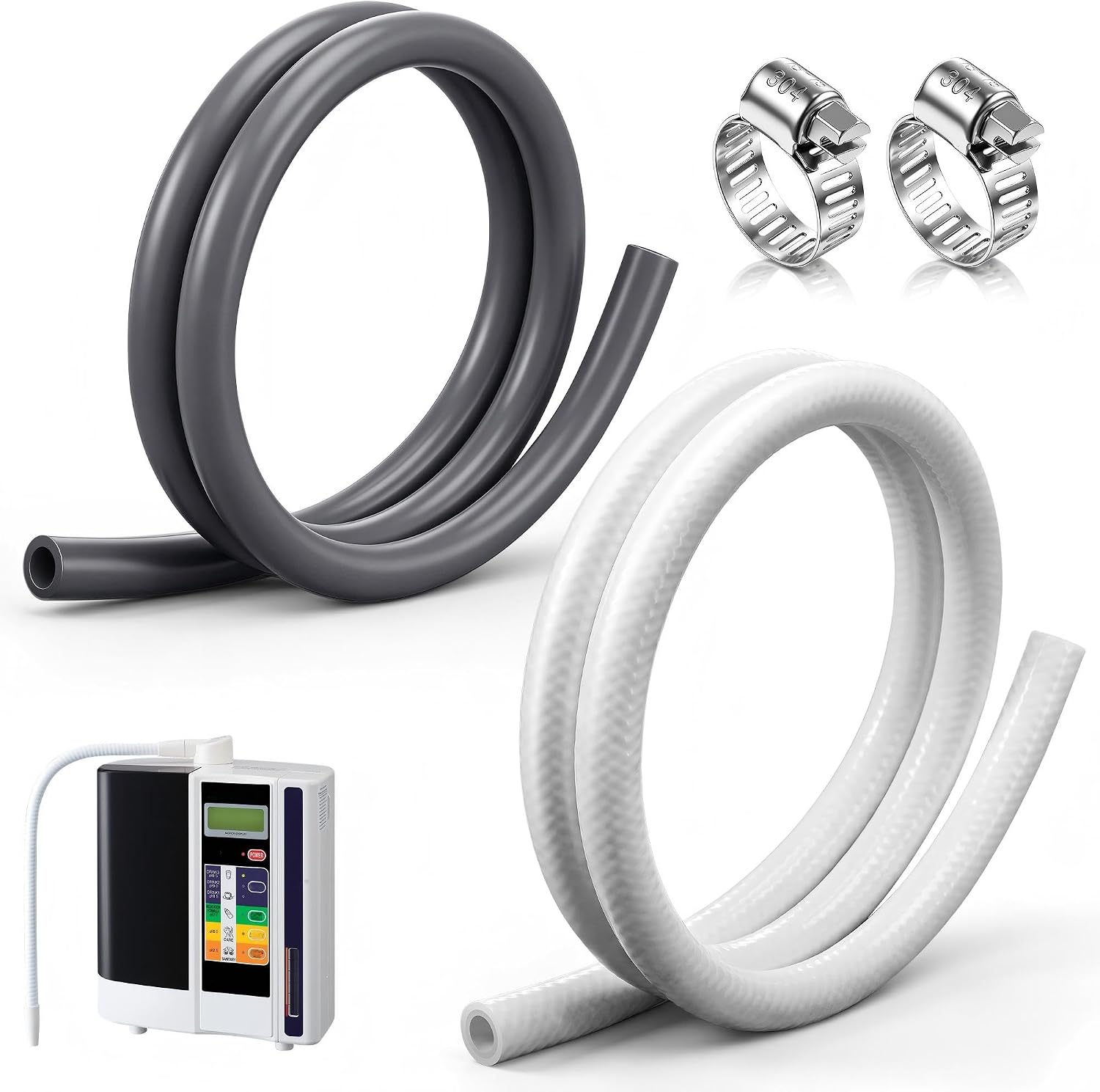 Replacement Water Supply & Drain Hose Set 3.3FT, White Inlet & Gray Drain, Compatible with Enagic Kangen LeveLuk SD501 Ionizer Machine