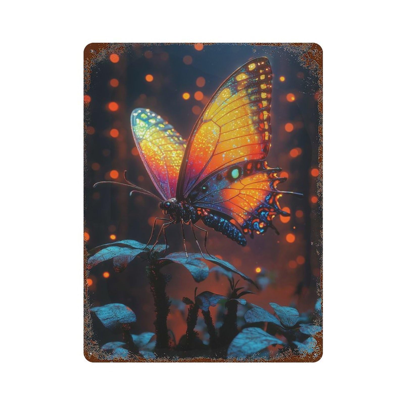 Glowing Butterfly 15.7"x11.8" Rusty Metal Tin Sign, Shabby Chic Decor for Bistro, Counter And Cafe Decor