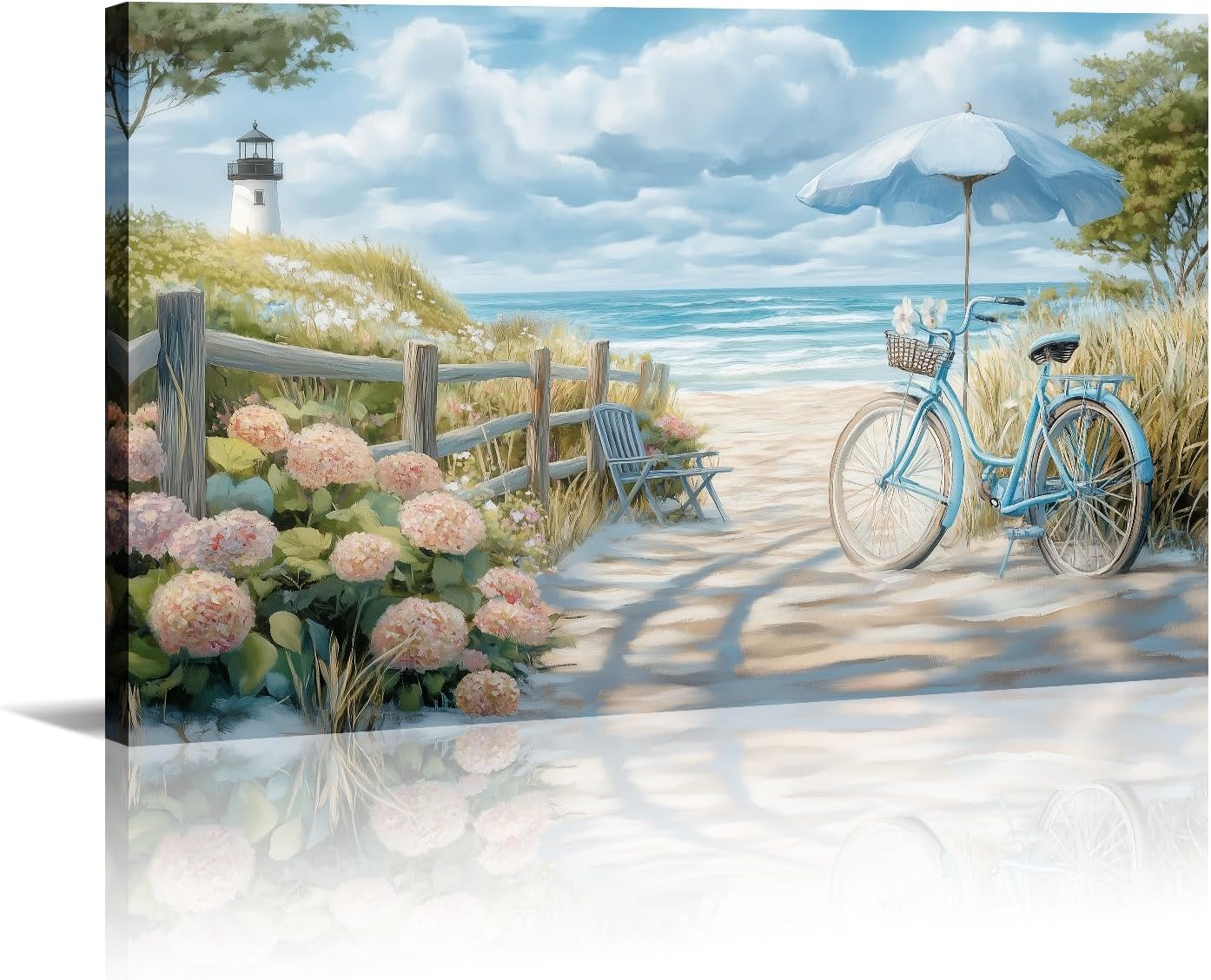Beach Canvas Wall Art - Coastal Wall Decor Framed Ocean Posters Beach Path with Bicycle Picture Seascape Painting Prints for Walls Living Room Bedroom Ready to Hnag - 16.00x24.00 inch