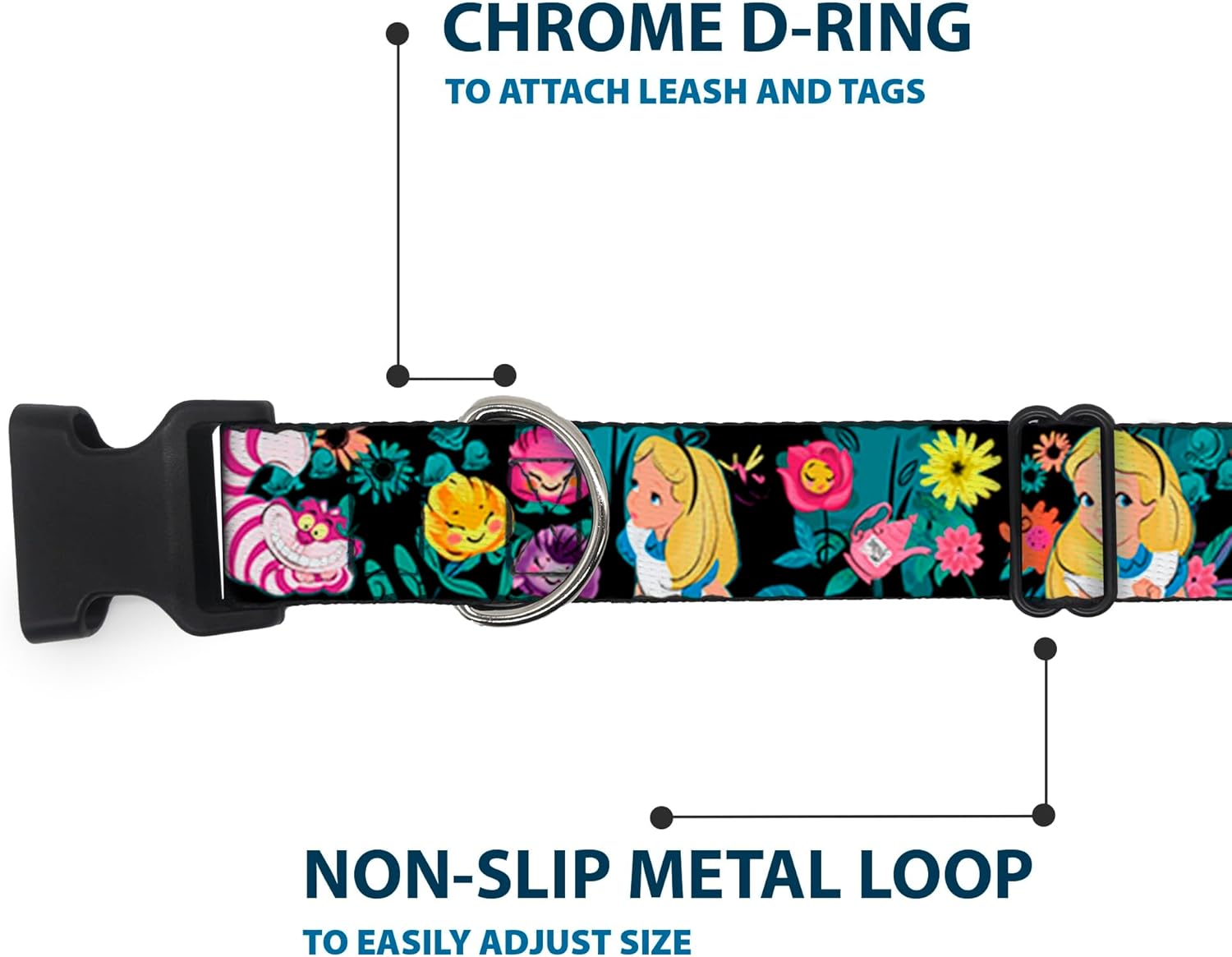 Buckle-Down Plastic Clip Collar - Alice/Cheshire Cat/Flowers Poses Black/Multi Color - 1.5" Wide - Fits 16-23" Neck - Medium