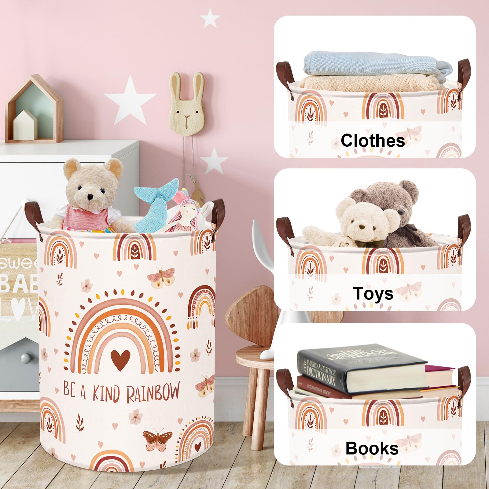 Clastyle Opbergmand voor baby's, regenboog, vuile wasmand, opvouwbaar, meisjes, voor kleding, opbergdoos, speelgoed voor badkamer, slaapkamer, vlinder, 40 x 50 cm
