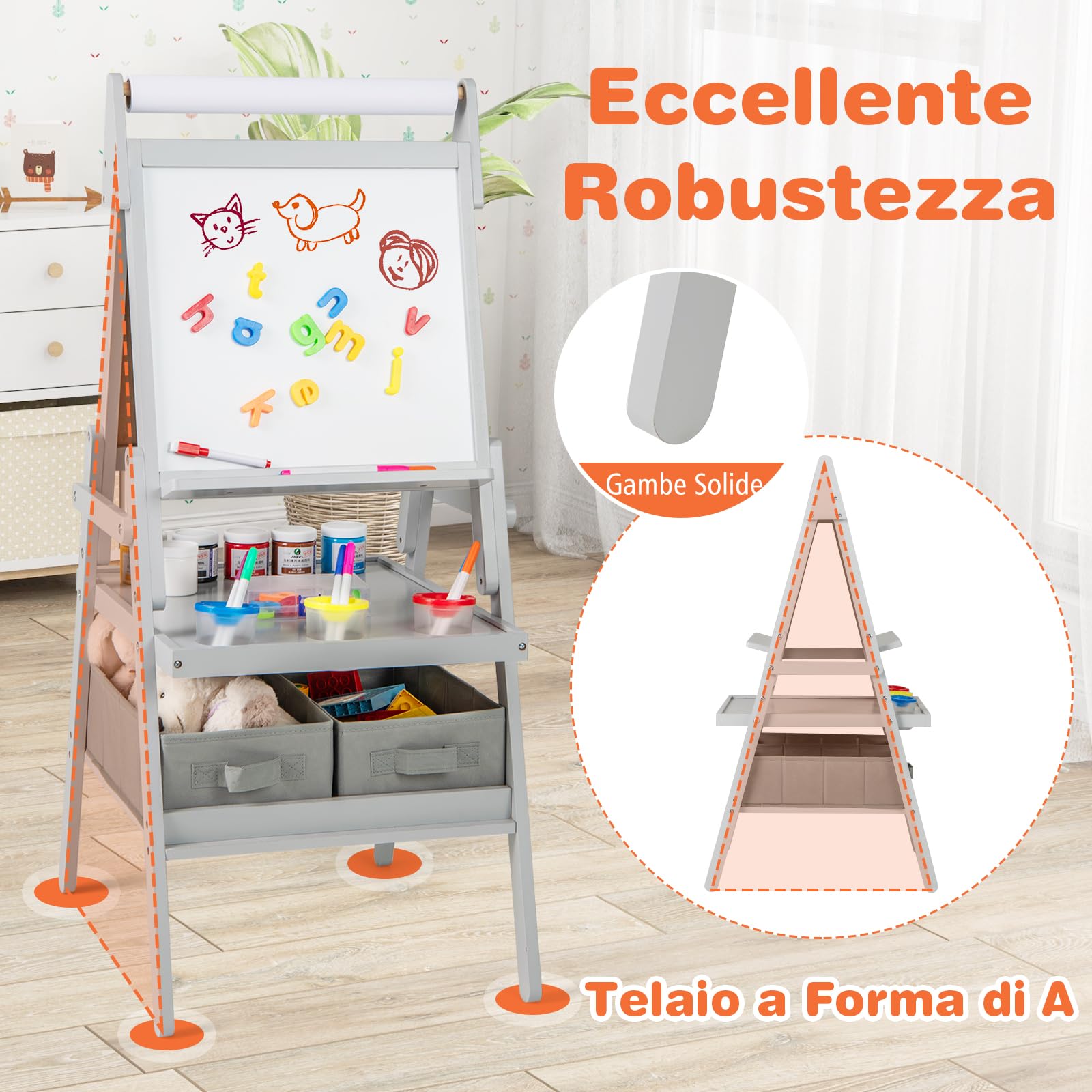 COSTWAY 3 in 1 Cavalletto per Bambini, Cavalletto con Doppia Faccia Magnetica e Lavagna Bianca, Rotolo di Carta, 3 Bicchieri per Vernice e 2 Cestini in Tessuto, per Bambini 3-6 Anni (Grigio)