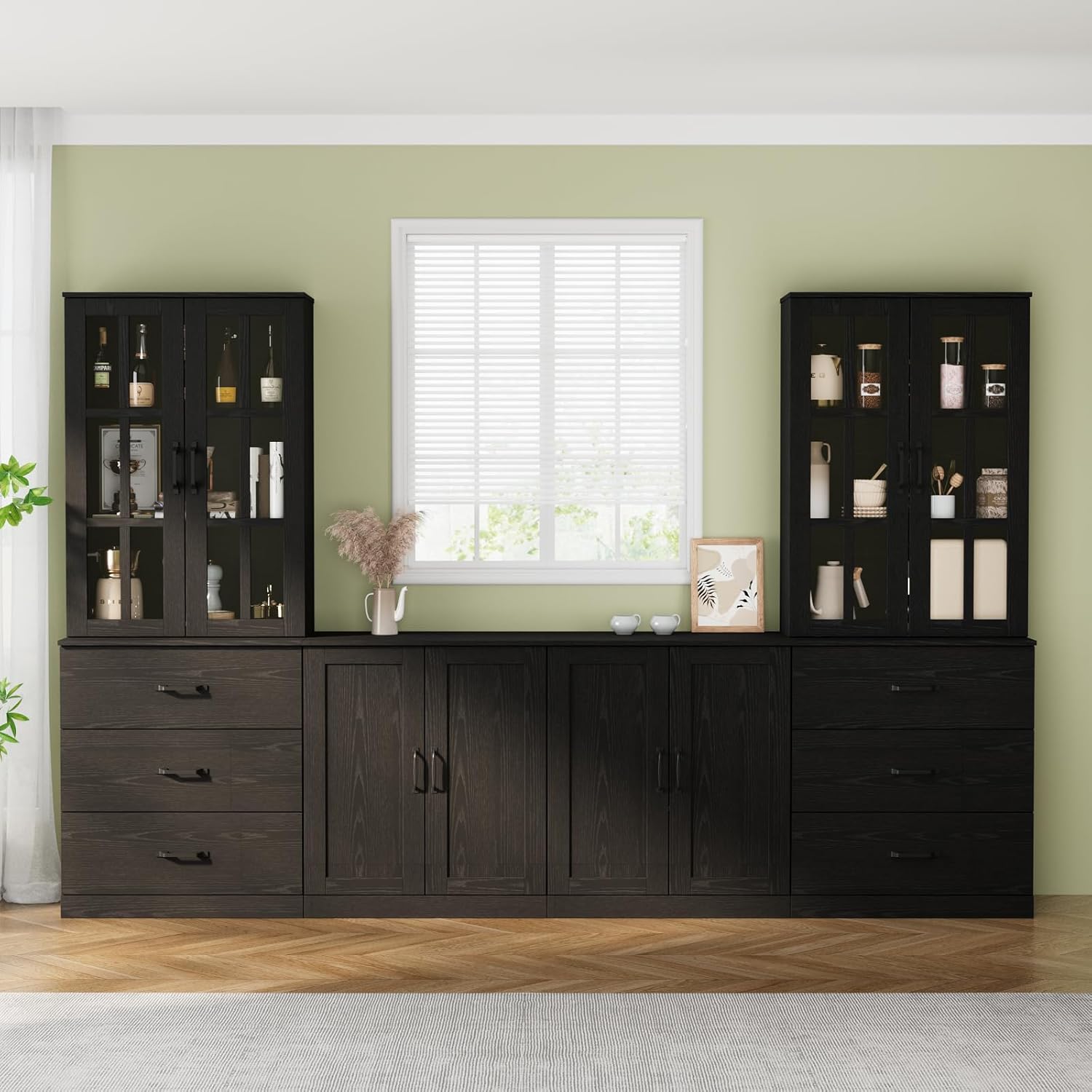 VOWNER TV Stand for TVs up to 50", 4-Piece TV Hutch with Cabinets, Entertainment Center with Bookshelves, Modular TV Console for Living Room, 2C+2H (Black, 94.48”W)