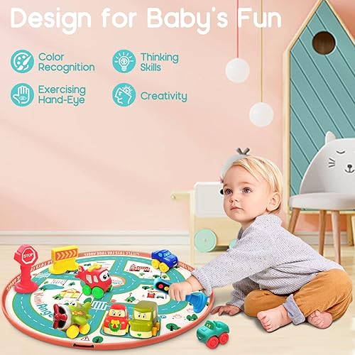 Miniatura 6 de Kimiangel Juego de autos de juguete de goma suave con bolsa de almacenamiento de tapete de juego, vehículos de animales de dibujos animados Push and