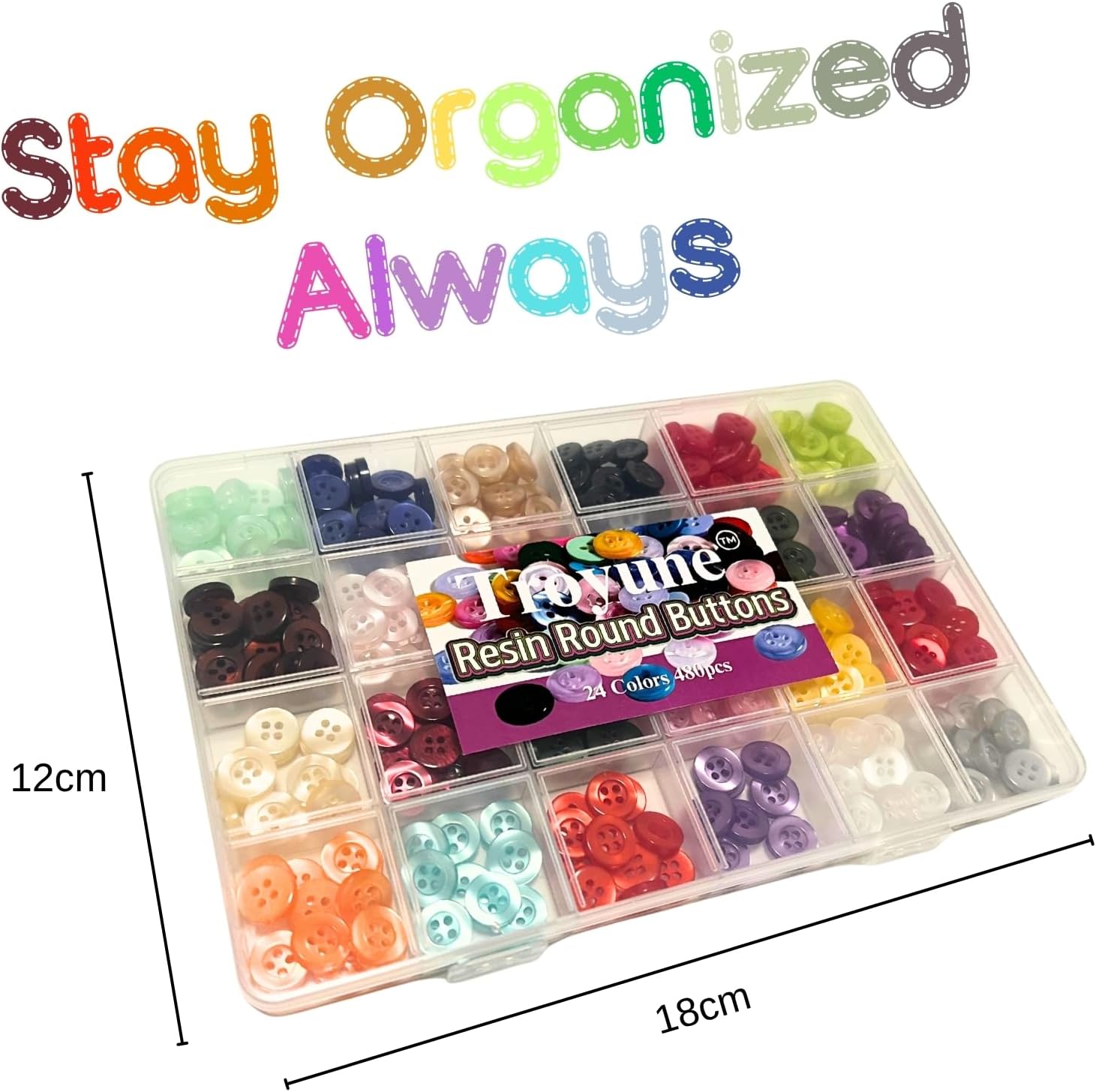 480 pcs Resin Buttons for Sewing, 11.5mm 4-Hole Flat Shank Buttons, 24 Assorted Pearlized Colors for Crafting, Clothing, DIY Projects - with Convenient Storage Case