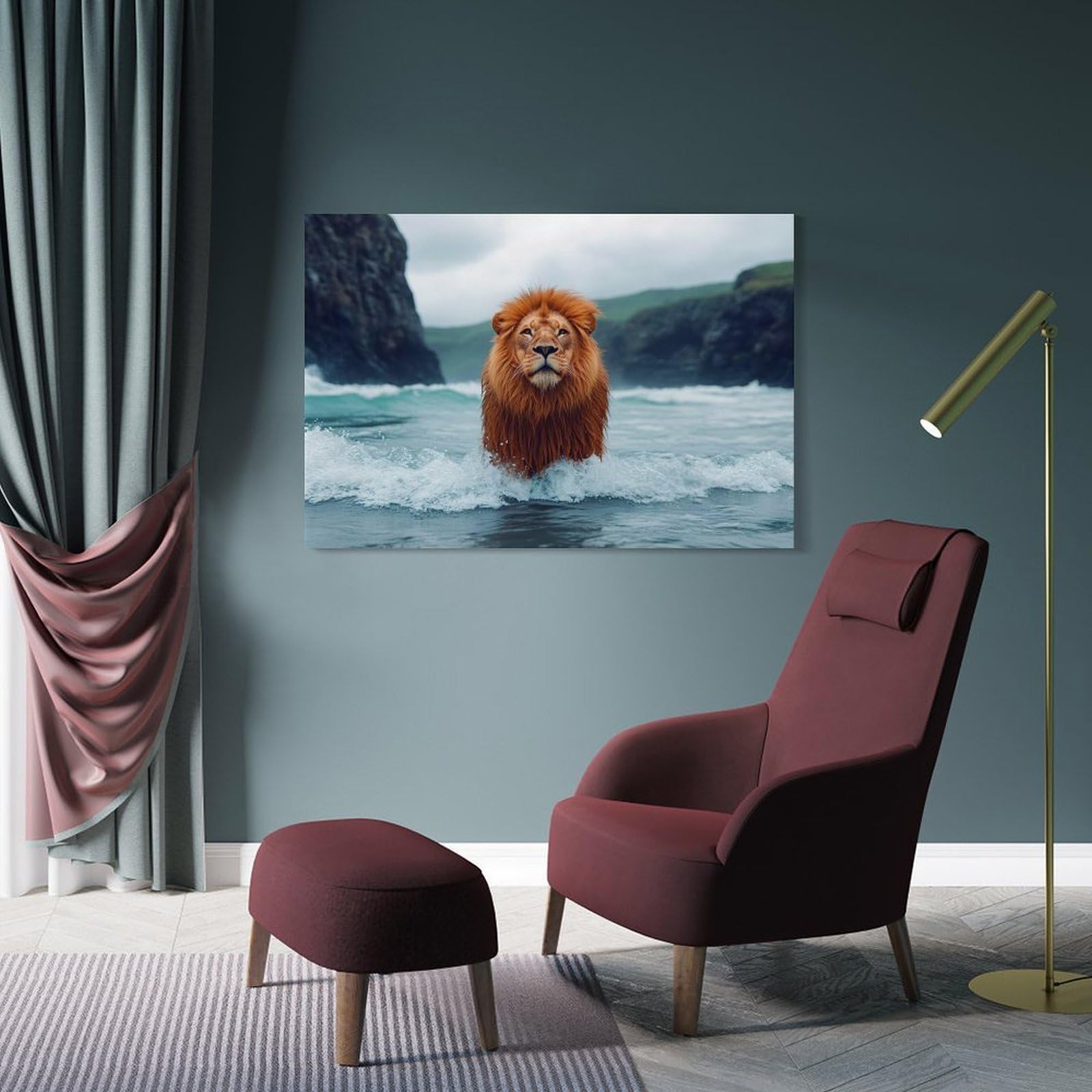 Junmoney Lion Emerging from The Ocean Decorative Wall Artwork, 20x30inch(50x75cm), for Corridors, Hallways Or Apartment Entries, Home Artwork for First Impressions