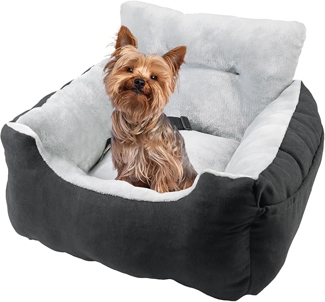 URGVANZ PET Dog Car Seat for Small Dogs, Black Plush Puppy Car Seat, Portable Dog Travel Bed, Dog Seat for Car with Storage Pocket, Clip-On Safety Leash