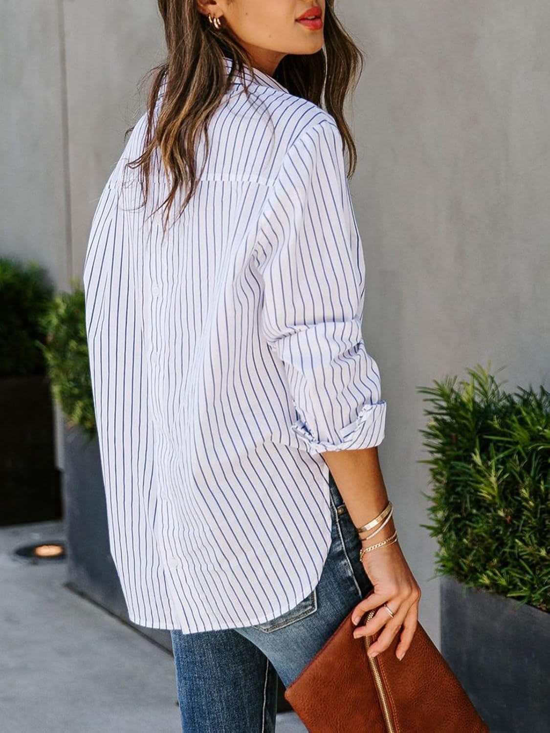 siliteelon Womens Button Down Shirts Cotton Striped Dress Shirt Long Sleeve Collared Office Work Blouses Tops - Image 2