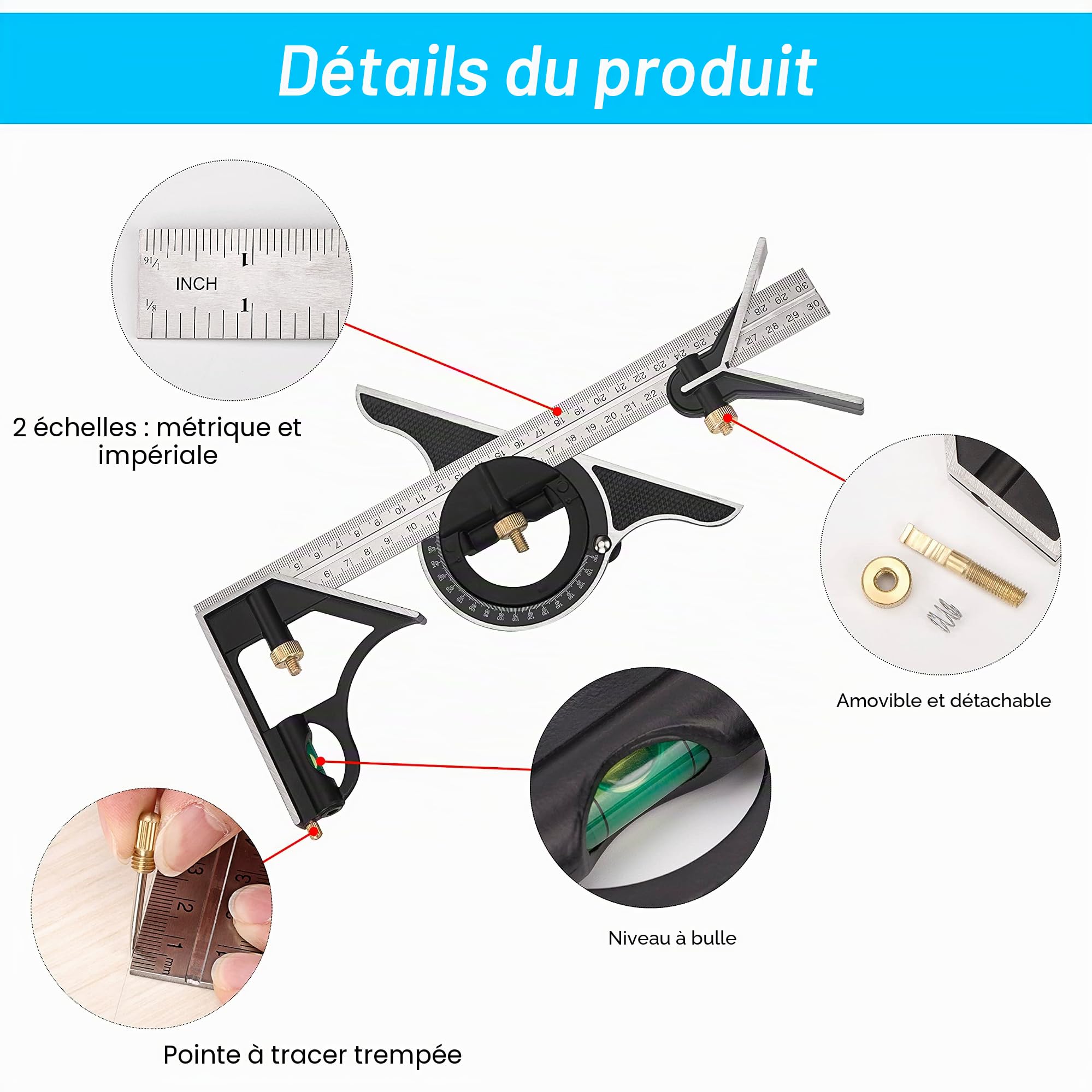 Équerre Combinée en Métal Règle de Menuiserie Multifonction Règle d'angle de Combinaison avec Rapporteur d'Angle à Niveau à Nulle Tête Droite 300 mm