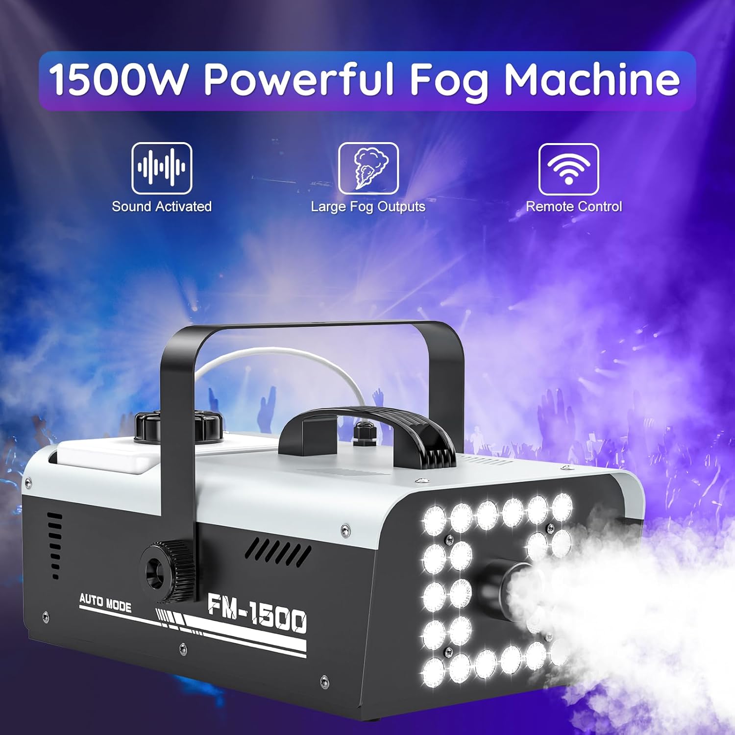 Fog Machine Halloween Outdoor Indoor, 1500W Smoke Machine Fog with 24 LEDs Strobe Lights and Remote for DJ Party Disco Stage Wedding