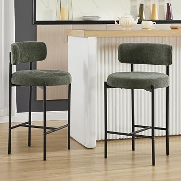 26 Modern Counter Height Barstools Set of 2, Modern Armless Chenille Bar Stools with Curved Backs, Green Upholstered Island Chairs for Kitchen, Breakfast Counter, Pub