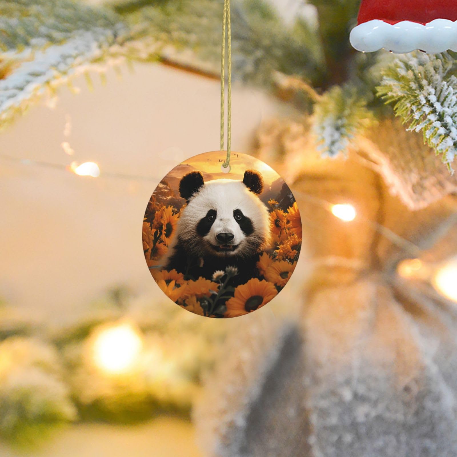 Christmas Ornaments for Christmas Tree Decoration Ceramic Hanging Panda and Sunflower Ornament with Gold Ribbon Crafts Round Pendant for Keepsake Gifts Glass Xmas Decor Party Supplies