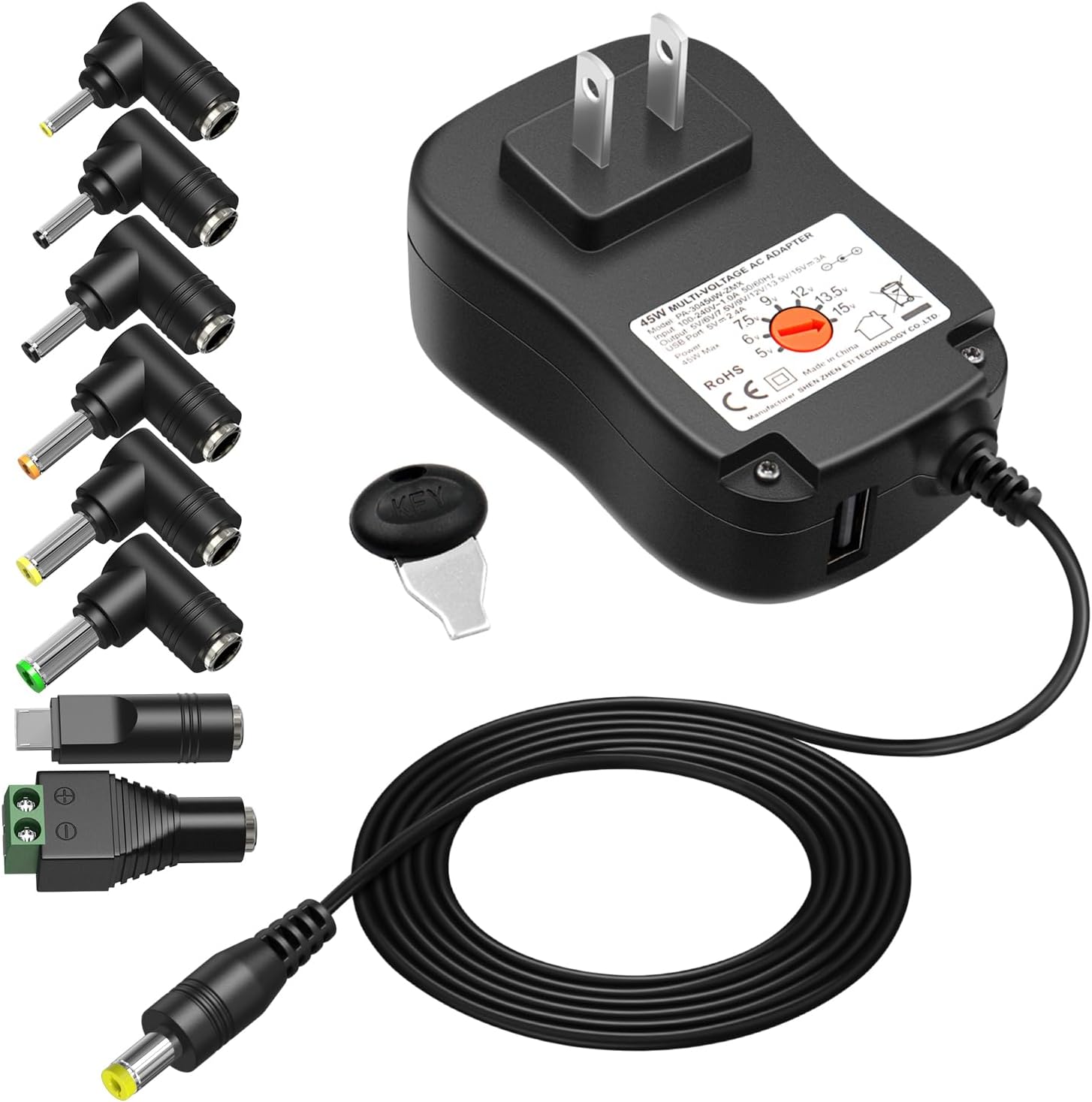 Powseed 45W Universal AC Adapter with 5V 2A USB Port 5V 6V 7.5V 9V 12V 13.5V 15V 3A 2A 1A DC Power Supply Cord with 8 Tips Micro USB 5.5x2.1mm 5.5x2.5mm for Speaker Webcam LED Strip Lights