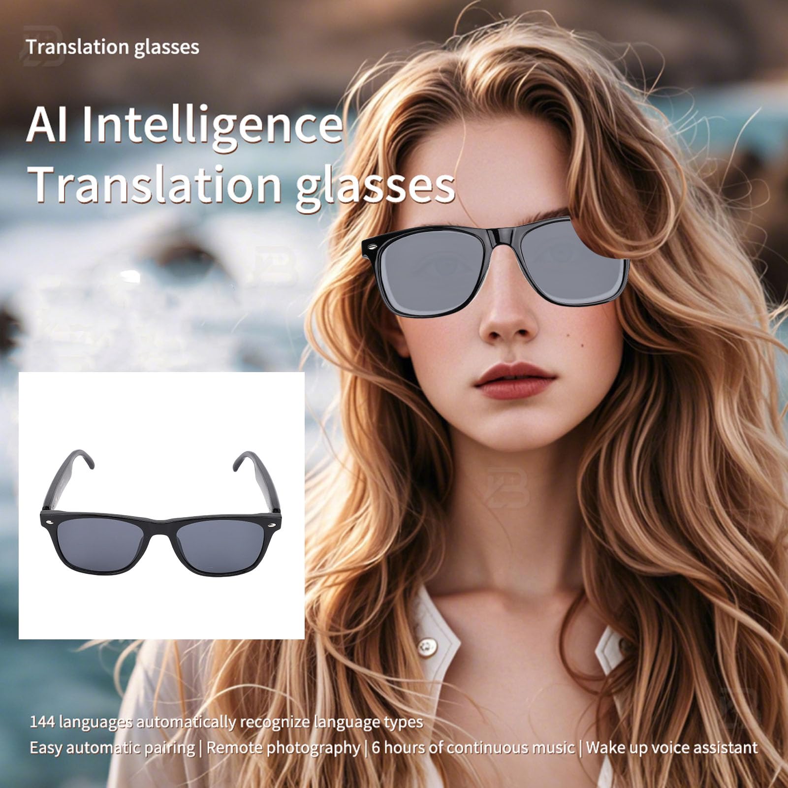 CUIFATI 144 Languages Smart Translation Sunglasses, Touch Control Smart Glasses IP65 Waterproofing with Built in Mic and Speaker for Outdoor (Black Frame)