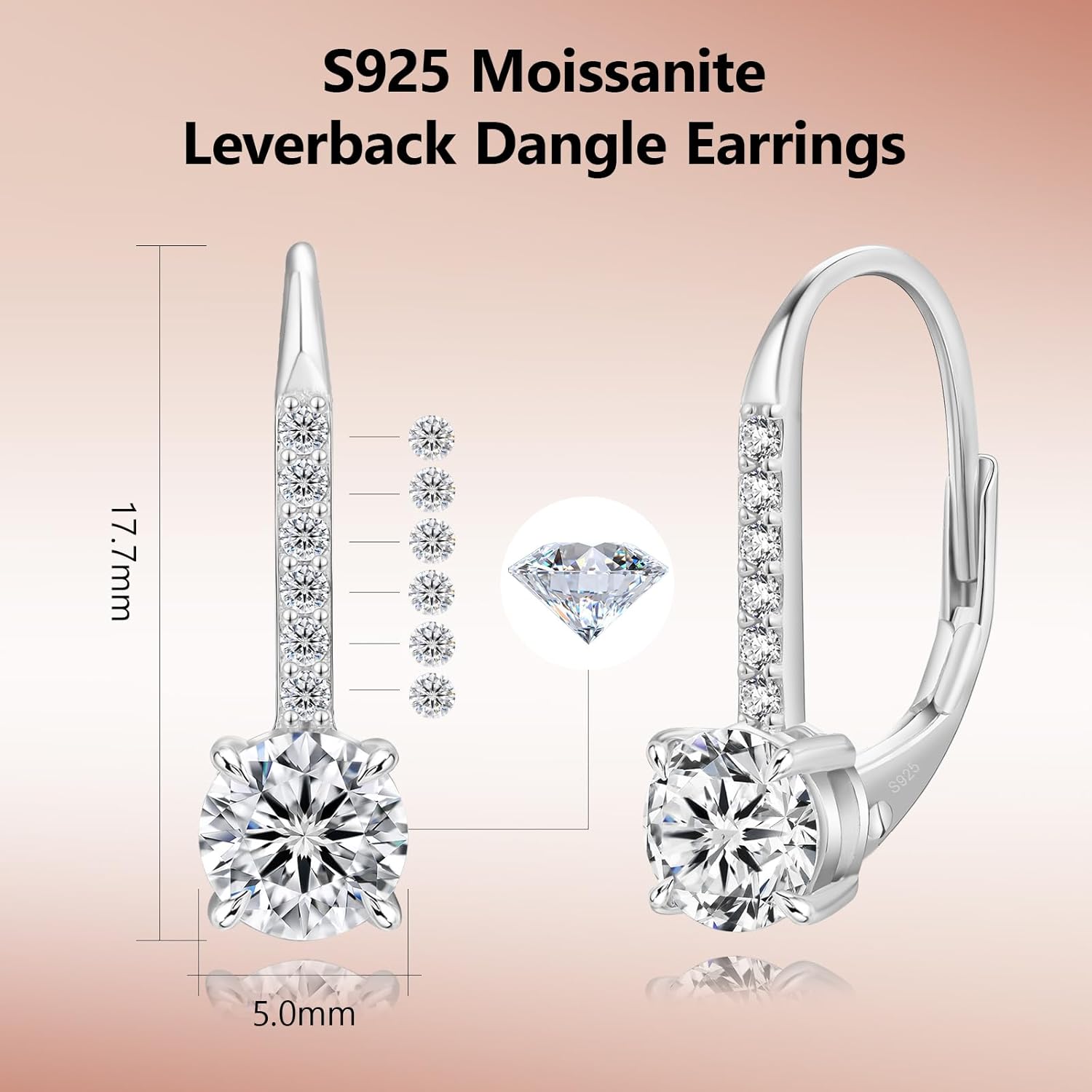 KRKC Moissanite Earrings, 1.0ct-2.0ct D Color Lab Created Diamond Earring, 14k White Gold Plated Sterling Silver Dangle Earrings S925 Leverback Drop Earring for Women Hypoallergenic Jewelry for Gifts - Image 2