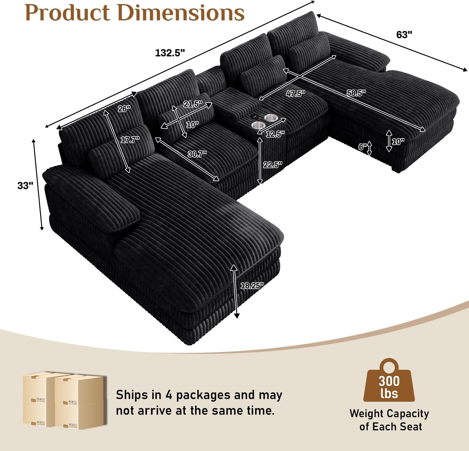 133" Oversized U Shaped Cloud Couch Modular Sectional Couches for Living Room Comfy Corduroy Deep Seat Sofa Set with Double Chaise Lounge, Storage Central Console, Cup Holders, USB Port, Black