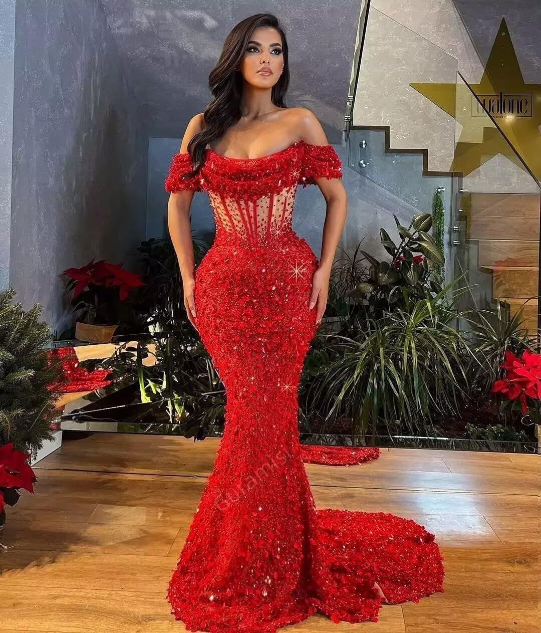 Mermaid Prom Dress for Women 2026 Sparkly Sequin Formal Evening Gowns with Train BO008
