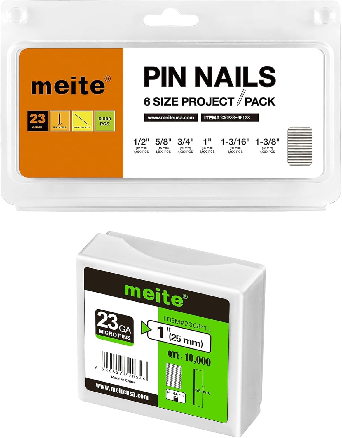 meite 1" Galvanized 23 Gauge Pin Nails - 10000 Counts and Assorted 6 Sizes (1/2", 5/8", 3/4", 1", 1-3/16", 1-3/8") 304 Stainless Steel Pin Nails - 6000 Counts