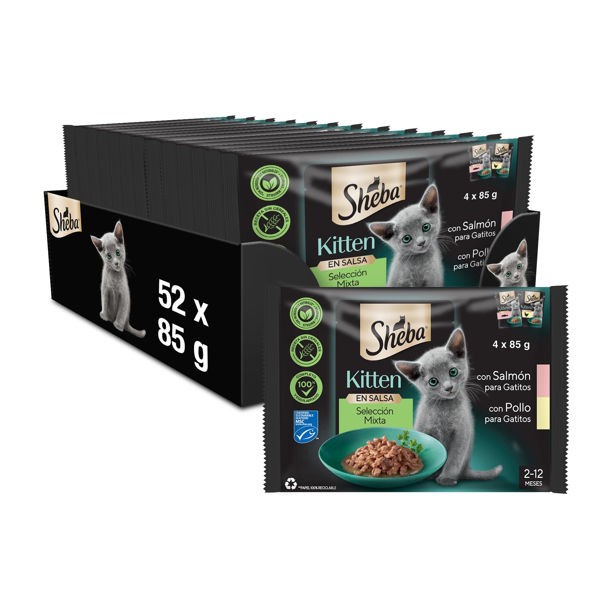 Sheba Kitten Pouch Selección Mixta con Salmón y Pollo, Multipack​ 12 x 4 x 85g