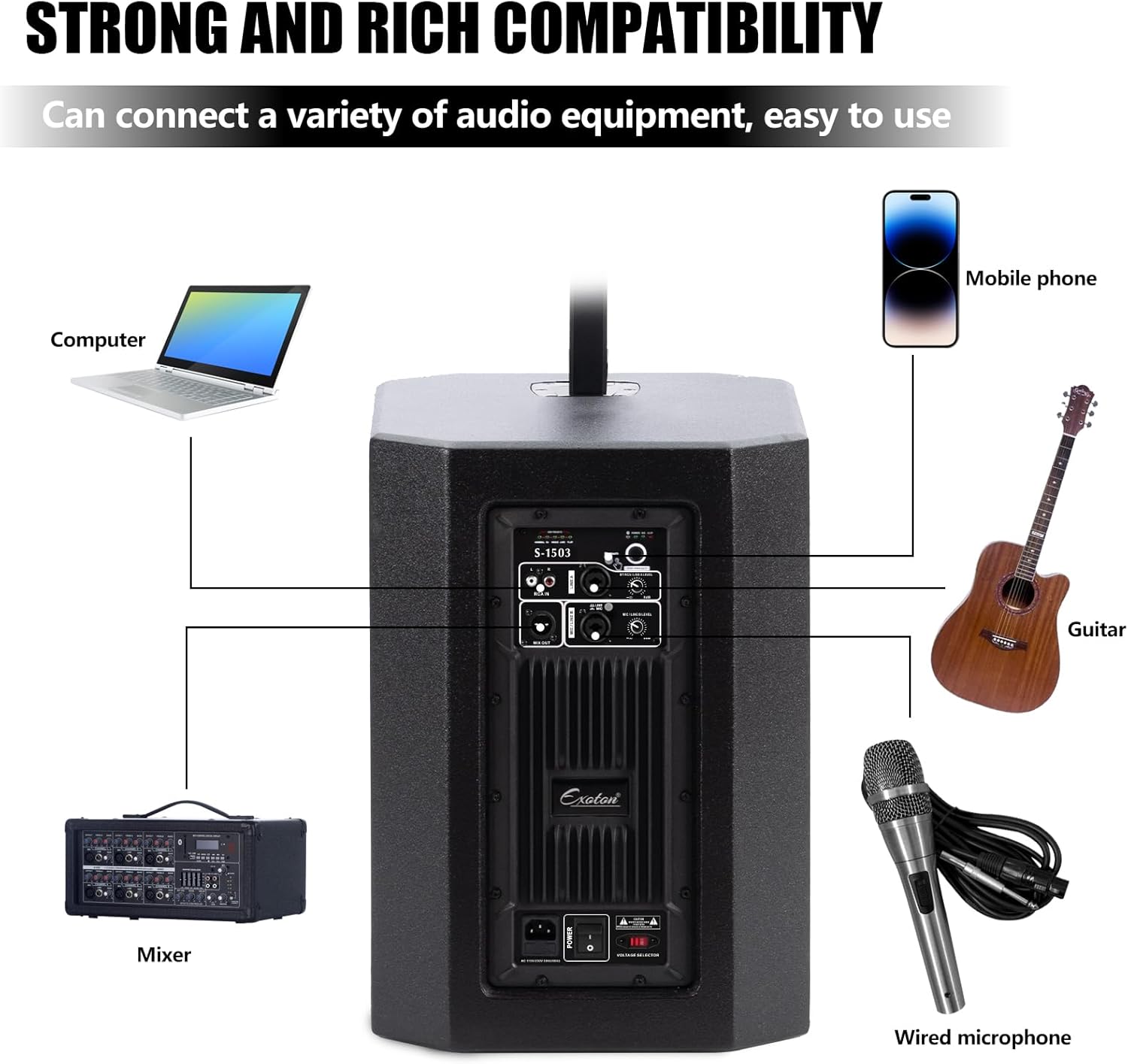 (Expected Launch: Mid-May) EXOTON S-1503 Line Array Column DJ System with 15" Powered Subwoofer - 2000W, 125dB SPL (Upgraded Version:Silver Logo + Non-Slip Machine Foot Pads)
