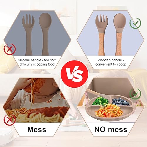 Miniatura 6 de Juego de alimentación de silicona para bebés, juego de platos para bebés pequeños, juego de suministros de destete para bebés, plato dividido,