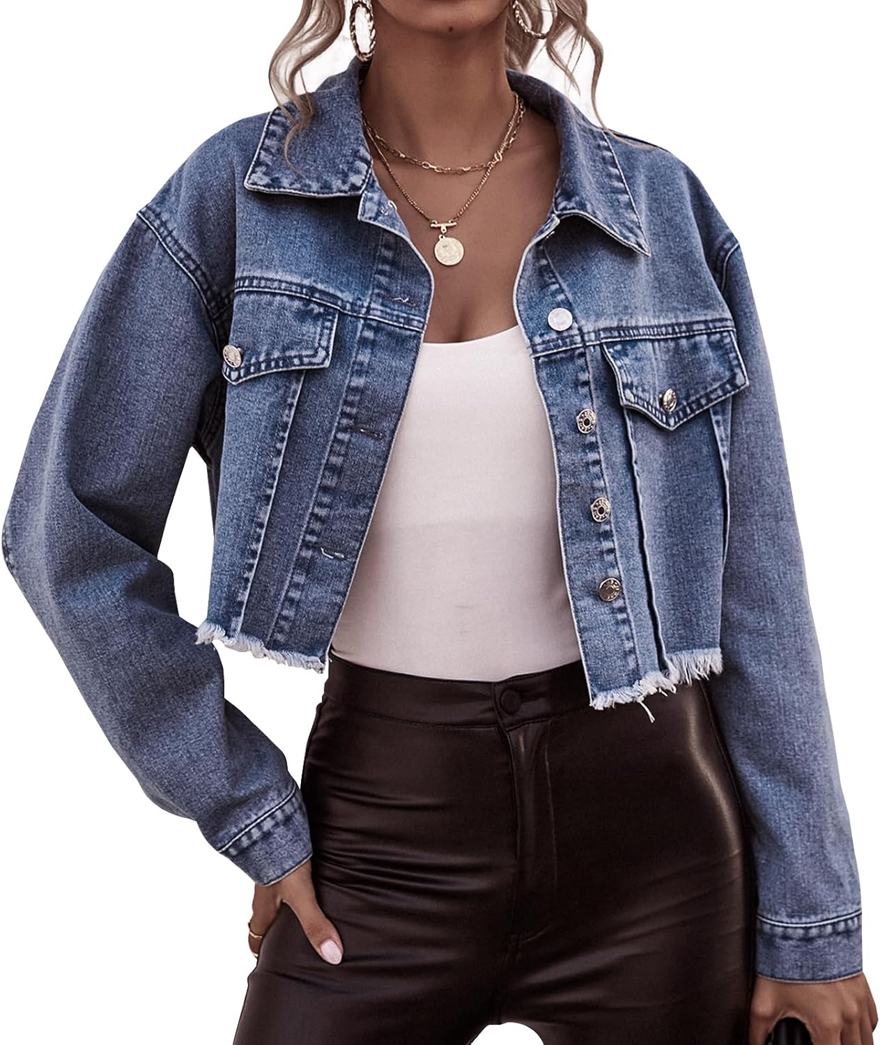 LONGYIDA Women's Cropped Denim Jacket | Distressed Button-Down Jean Jacket | Long Sleeve Ripped & Frayed Blue Coat