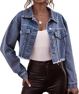 Women's Cropped Denim Jacket | Distressed Button-Down Jean Jacket | Long Sleeve Ripped & Frayed Blue Coat