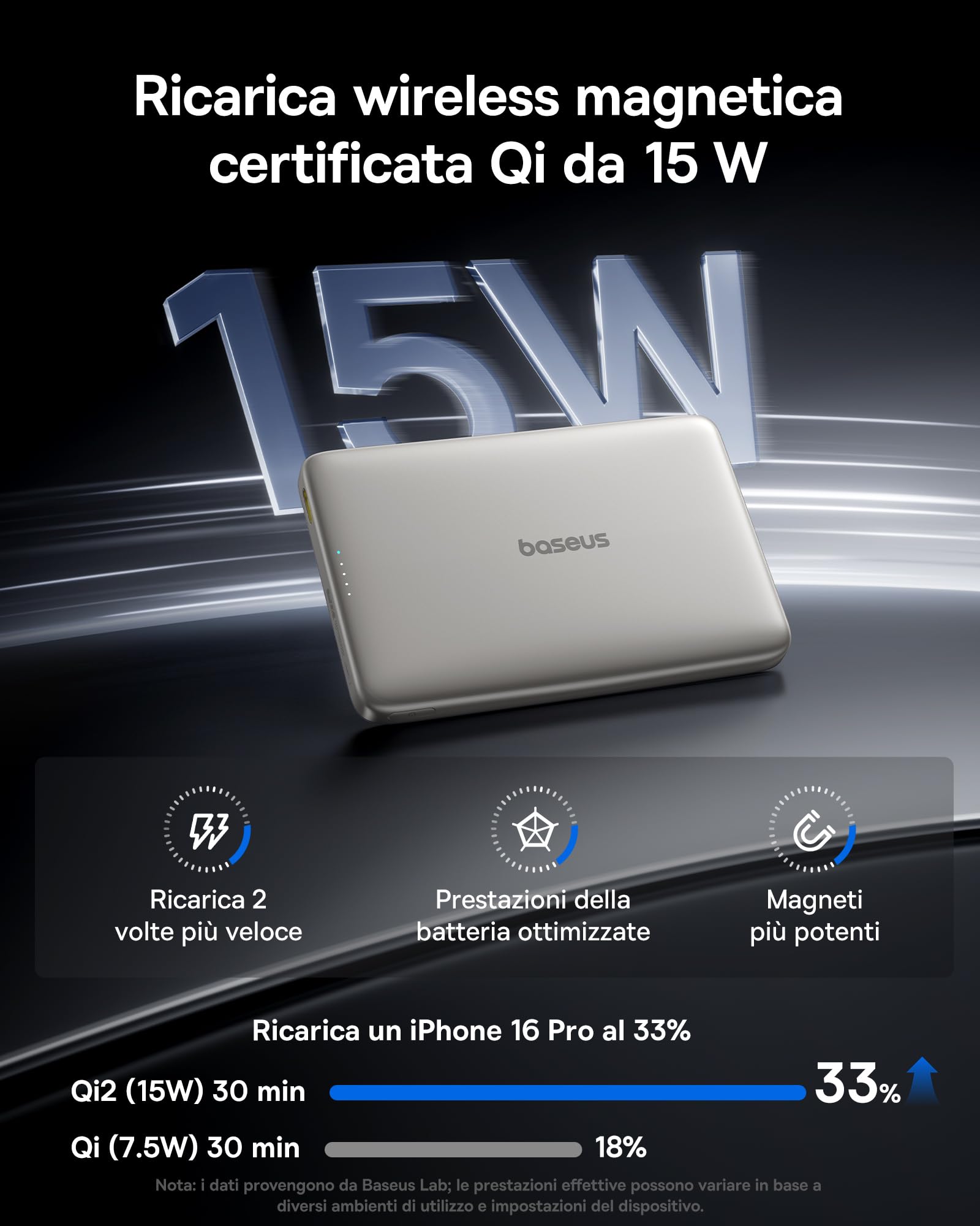 Baseus Picogo AM41 Power Bank, Ultra Slim 10000mAh Qi2 Magsafe Powerbank 15W Wireless, Ricarica Rapida PD 27W, Magnetico Batteria Esterna con cavo USB C per iPhone 17/16/15/14/13/12, Titanio