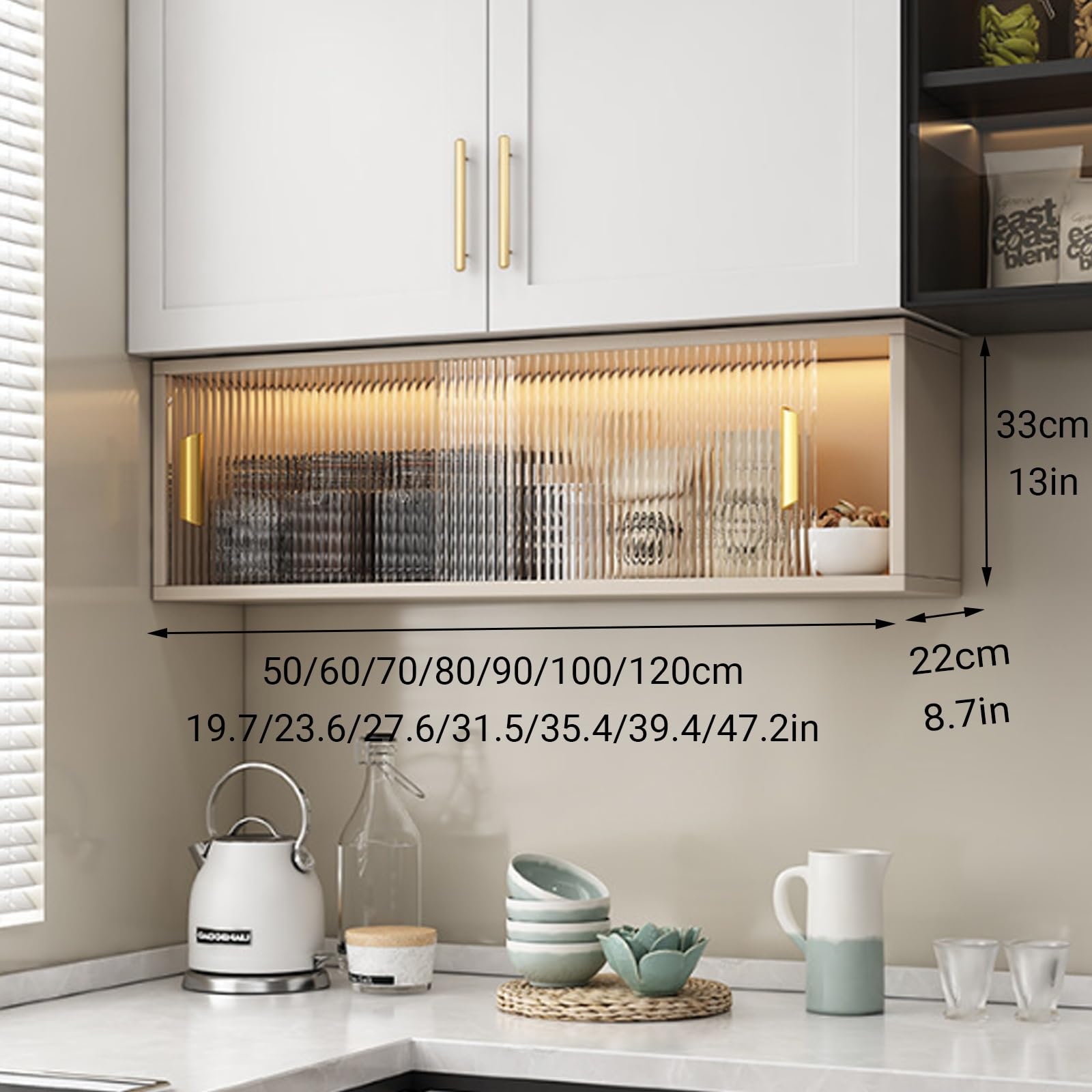 Armoire de rangement murale avec porte en verre, organiseur en aluminium nid d'abeille, portes coulissantes, installation sans perçage, présentoir élégant pour cuisine ou salle de bain