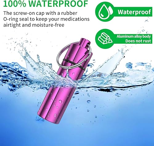 Miniatura 10 de Pastillero pequeño, (paquete de 2 + 2 clips de mosquetón) llavero portapíldoras portátil mini contenedor de píldoras de viaje botella de metal con