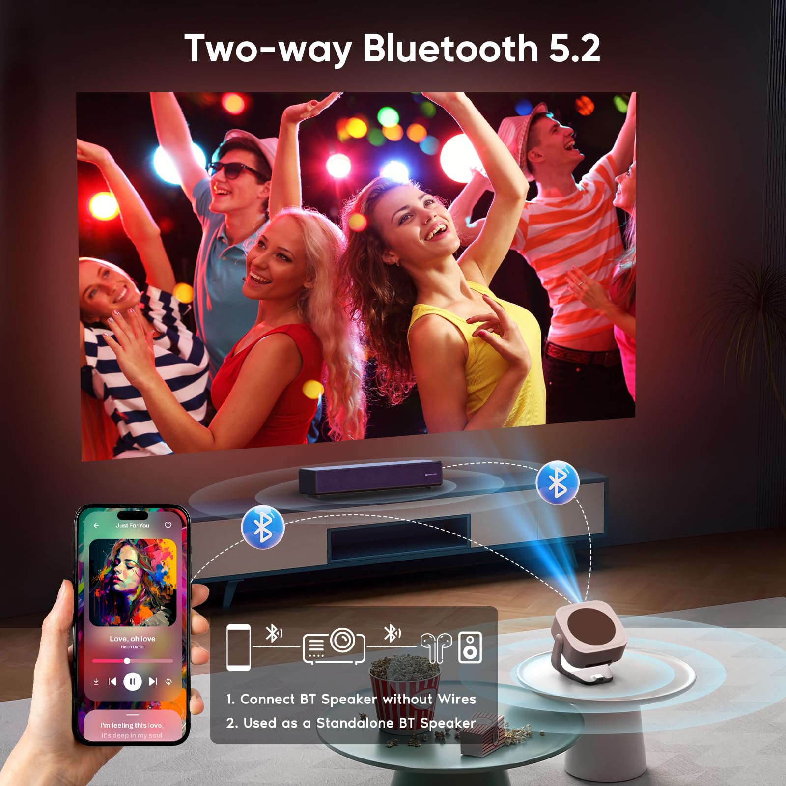 [Built-in Apps] Beamer, E-Fokus/Auto Trapezkorrektur Mini Beamer 4K Native 1080P, WiFi Buetooth Tragbar 50% Zoom 270°Drehbar Projektor für Heimkino/Outdoor, Kompatibel Mit Laptop/Smartphone/Maus