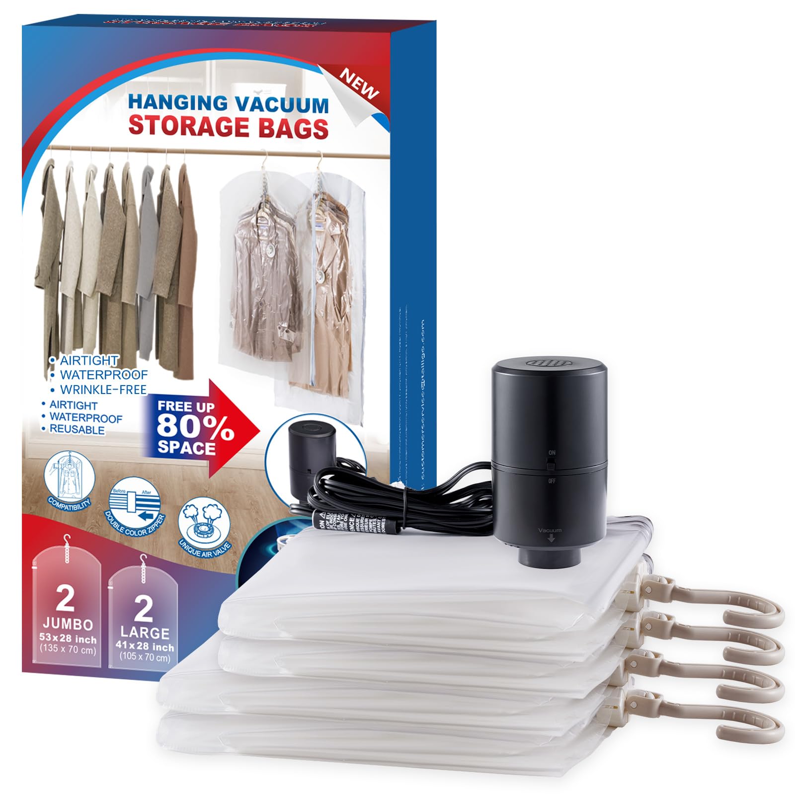 Bolsas colgantes de almacenamiento al vacío, ahorro de espacio para ropa, 4 combo con bomba