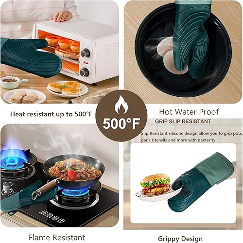Miniatura 4 de Manoplas de horno de silicona, resistentes al calor, 500 F, agarre duradero, antideslizante, manoplas de horno para cocina, resistentes al calor,