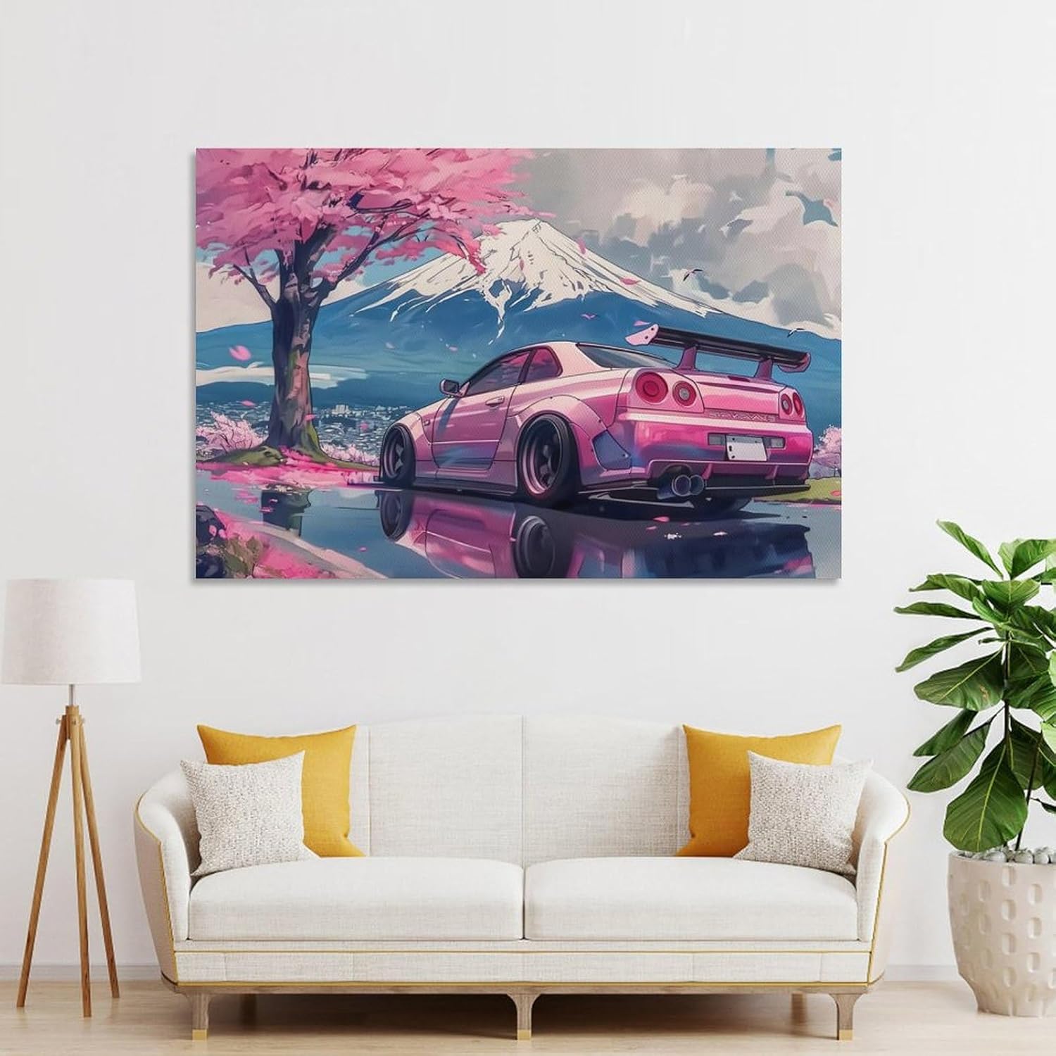 FeoYoed Canvas Wall Art Posters - Pink JDM Car R35 & Mount Fuji Cherry Blossoms Reflection - Modern Aesthetic Decor for Bedroom, Living Room, Office - 12x18 Inches (30x45 cm) - Image 4