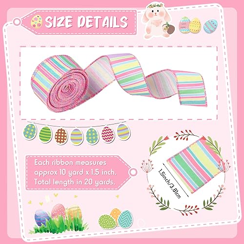 Miniatura 9 de Cindeer 2 rollos de cinta de Pascua pastel con alambre de 20 yardas, con borde con cable, cinta de rayas horizontales, cinta de lona rosa decorativa