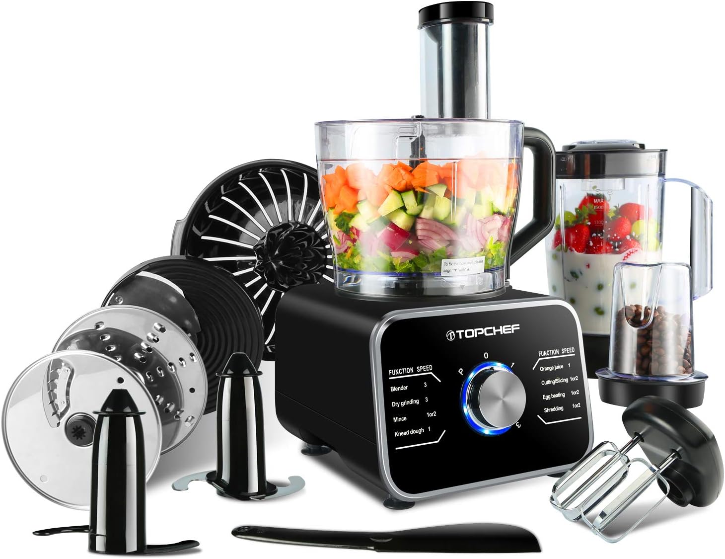 Topchef Food Processor 1100W Multifunctional Food Processor (with Accessories Included: Dough Hook, Mixer, Juicer and Coffee Grinder), Silver/Black