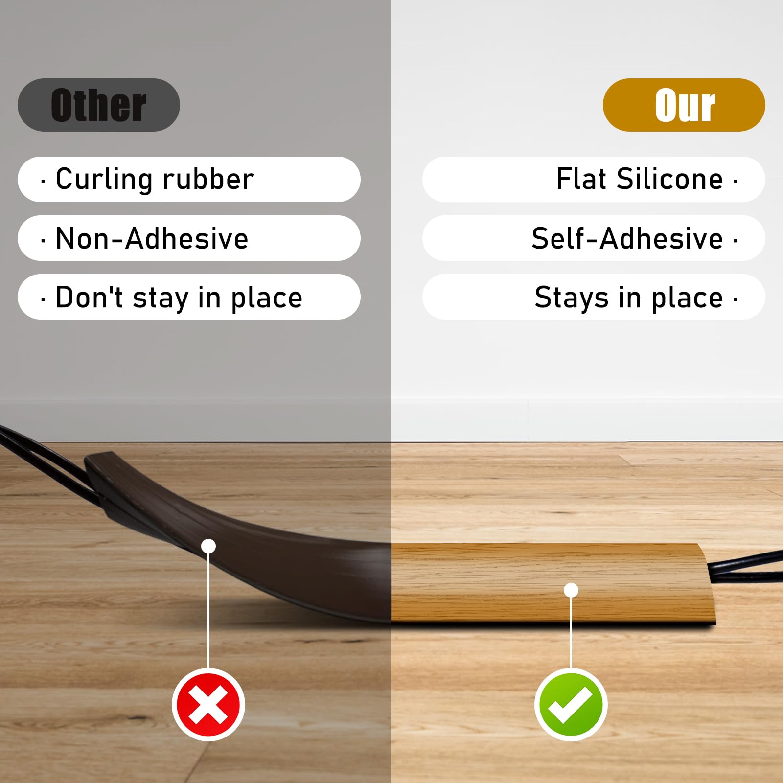 Cache Cable Sol, 3,0M x 3CM Petit Passe Cable Sol Flexible, Goulotte Passe Cable Sol Silicone, Cache Fil Électrique Sol Auto-Adhésif Facile à Couper Montage pour Tous Les Câbles, Grain Bois