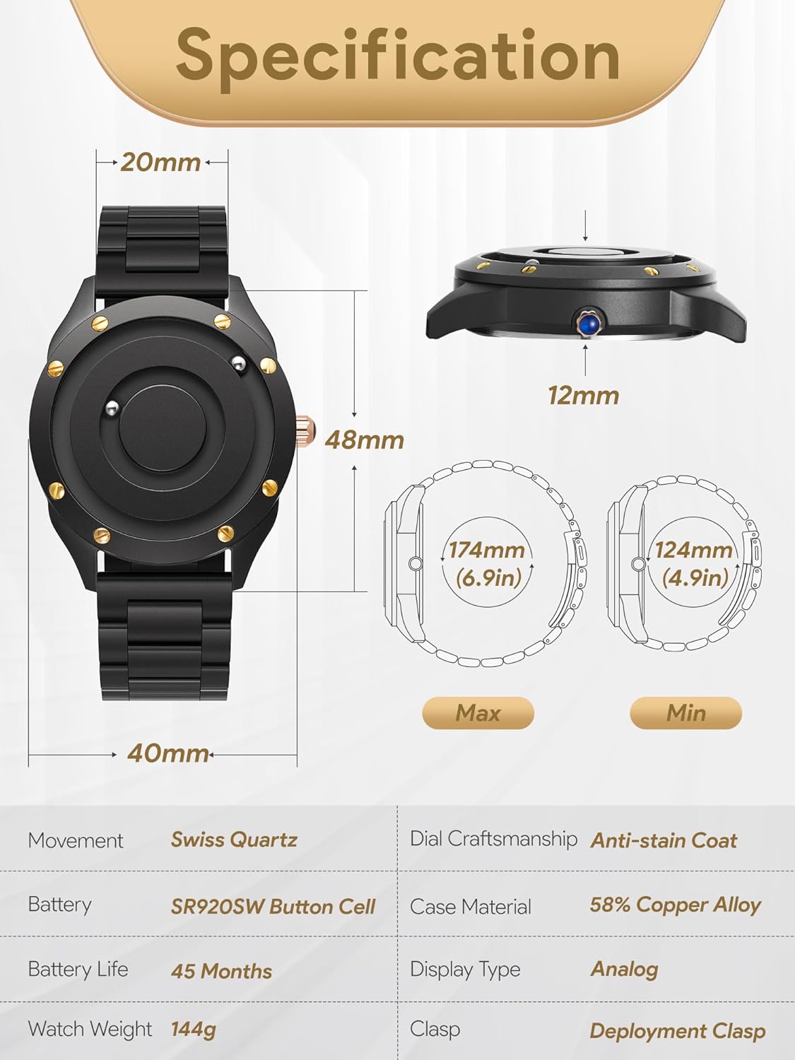 EUTOUR Magnetic Watches for Men|Unique No Hands Design with Gliding Magnet Beads Display|40mm Dial with Rivet Bezel, 3ATM|20mm Three-Link Steel Band|Fashion Watch Gifts - Image 4